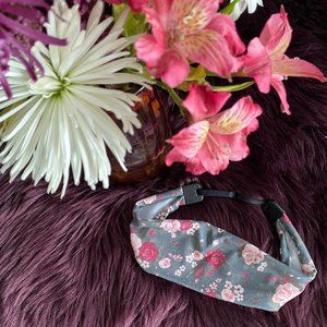 Hipsy Grey & Pink Floral Wide Adjustable Soft Spandex Boho Yoga Workout Headband
